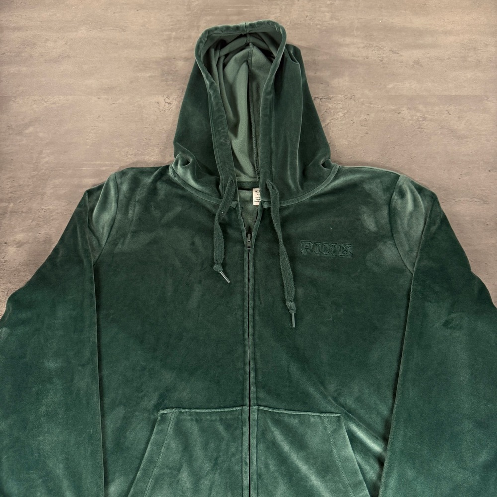 PINK Victoria's Secret Hoodie Women L Green Velour Zip Up Embroidered Logo Y2K